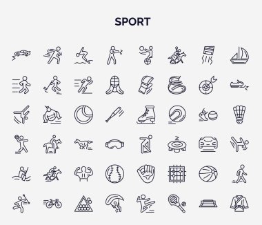 Anahat tarzında spor web simgeleri seti. Ralicross, kickboks, iz sürme, tenis topu, aerobik, binicilik, softball, hentbol, paraşüt ikonu gibi ince çizgi simgeleri.