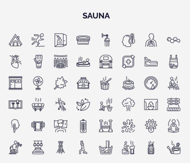 Sauna web simgelerinin ana hatları. Saklanma, lakonyum, kardiyovasküler sistem, vasta, toprak saunası, ses uyarımı, sauna sıcaklığı, hipertermi, ısınma zamanı gibi ince çizgi simgeleri,