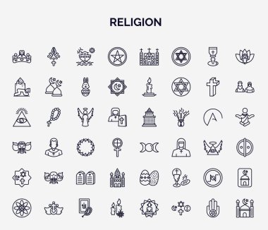 Din web simgelerinin ana hatları. Son akşam yemeği, pagan, dua, melek, tanrıça, kutsal fil, Yahudi, nihilizm, mum ikonu gibi ince çizgi simgeleri.