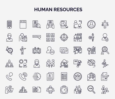 İnsan kaynakları web simgelerinin ana hatları. Uygulama, iş başvurusu, adam, satranç saati, kriterleme, çağrı, CV, maaş, çalışma takımı simgesi gibi ince çizgi simgeleri.