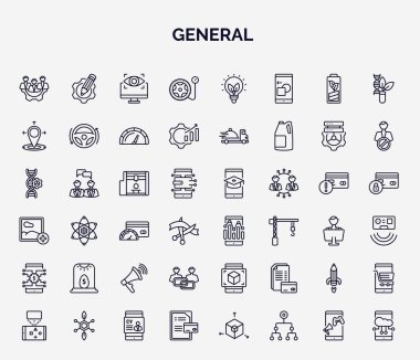 Genel web simgelerinin ana hatları. İnsan kaynakları politikaları, şişirme lastiği, koordinat, 3D baskı, bilgi şeması, iş kuvözü, bağlı bağlantı, yaratıcı kalem roketi, kredi gibi ince çizgi simgeleri