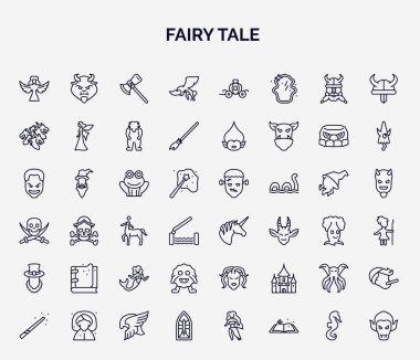 Peri masalı ikonlarının ana hatları. Harpy, gryphon, hydra, kurbağa, unicorn, büyü kitabı, canavar, Cthulhu, boyalı cam ikonu gibi ince çizgi simgeleri.