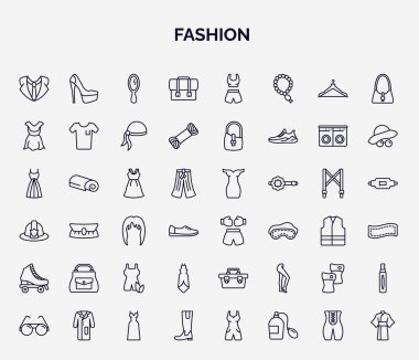 Moda web simgelerinin ana hatları. Takım elbise, papyon, ofis çantası, Hawaii kıyafeti, kıyafet, boks yüzüğü, kadın çantası, bez, bacak ısıtıcı, cehennem ikonu gibi ince çizgi simgeleri..
