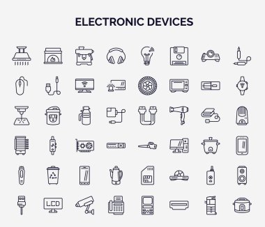 Elektronik aygıtlar dizisi web simgeleri ana hatları biçiminde. Egzoz kapağı, kulaklık, fare, çöp öğütücü, yaprak üfleyici, çöp sıkıştırıcı, sapık, buharlaştırıcı, faks jeni gibi ince çizgi simgeleri