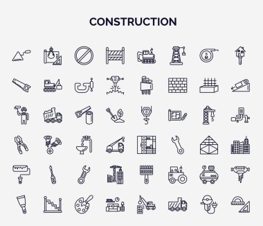Anahat tarzında bir set inşaat web simgesi. İnce çizgi simgeleri, inşaat paleti, yol bariyeri, büyük testere, tahta testeresi, büyük clo, tornavida, yapı, hava kompresörü, iç mekan gibi.,