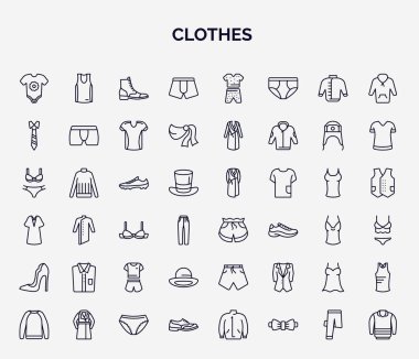 set of clothes web icons in outline style. thin line icons such as baby grow, boxers, necktie, soccer shoe, short, chemise, bowler, nightwear, shoes icon. clipart