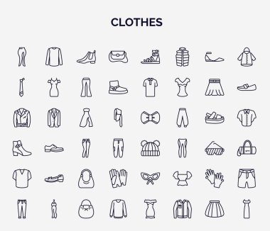 Kıyafet web simgelerinin ana hatları. Kesik etek, kurye çantası, kravat, uzun bando elbisesi, ponponlu örgü şapka, deri ayakkabılar, deri eldivenler, yün eldivenler, yakasız