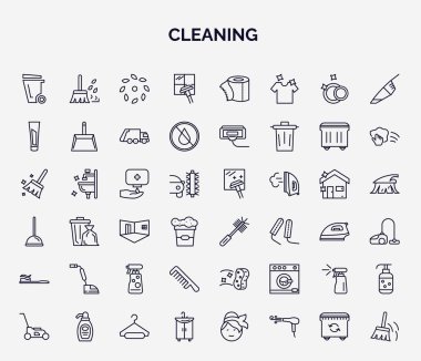 Taslak biçiminde temizlik web simgeleri seti. Çöp tenekesini silmek, temiz pencere, diş macunu, el temizliği, tuvalet fırçası temizleme, yer temizleme, tarak temizleme, temizlik aracı gibi ince çizgi simgeleri,