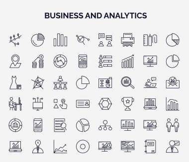 İş ve analitik web simgelerinin ana hatları. İpotek istatistikleri, piyasa araştırmaları, 3D konum grafiği, bölüm başkanı, çokgen çizelgesi, mobil analitik gibi ince çizgi simgeleri,