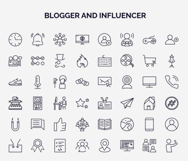 Blogcu ve etkili web simgelerinin ana hatları. Saat, web, kamera, vlogger, ziyaretçi, yorum, iletişim, mobil, topluluk simgesi gibi ince çizgi simgeleri.