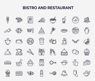 Bistro ve restoran web simgelerinin ana hatları. Buz çubuğu, pepperoni pizza dilimi, kasap bıçağı, mutfak balığı, iki broşür, e harcı, mermelat tenekesi, bir sürü
