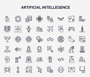 Taslak biçiminde suni ağ simgeleri seti. İnce çizgi simgeleri: sentetik gıda, nano sensör, sunucular, çip, eşleşme hareketi, güneş enerjisi arabası, ar kamera, organ baskı, protez,