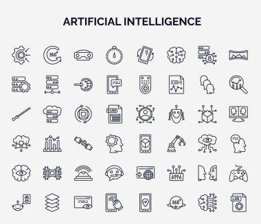 set of artificial intelligence web icons in outline style. thin line icons such as goals, velocity, efficiency, rotation, ar, artificial intelligence, technical support, turing test, touch screen, clipart