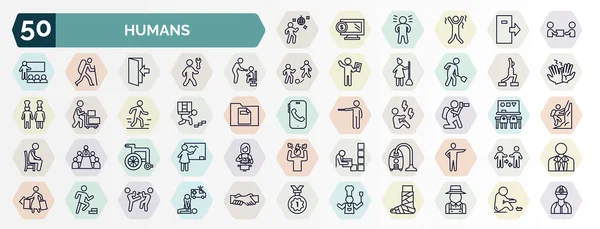 İnsan web simgelerinin ana hatları. Erkek dansı, pes etmek, beslenme, spor yapmak, sırtına yaslanmak, doğa fotoğrafçısı, tekerlekli sandalye, elektrikli süpürge, açık büfe gibi ince çizgi simgeleri.,