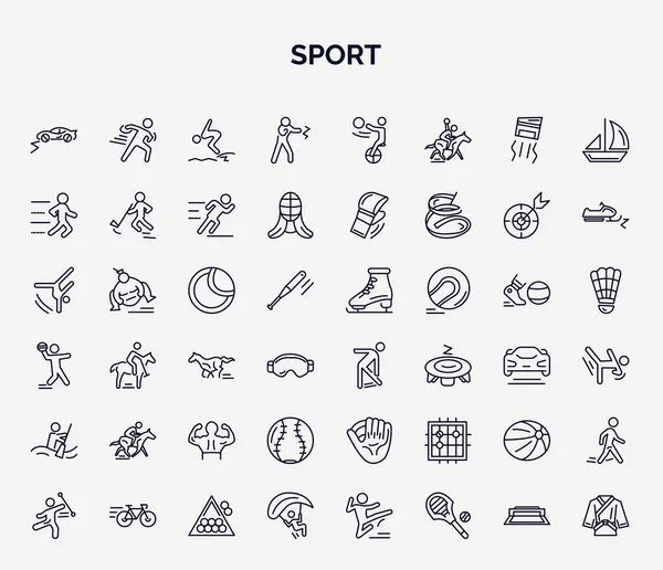 Anahat tarzında spor web simgeleri seti. Ralicross, kickboks, iz sürme, tenis topu, aerobik, binicilik, softball, hentbol, paraşüt ikonu gibi ince çizgi simgeleri.