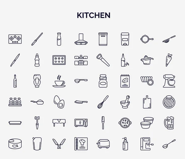 Set Kitchen Web Icons Outline Style Thin Line Icons Stove — Wektor stockowy