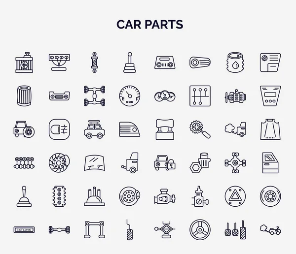 Otomobil parçaları web simgelerinin ana hatları. Araba radyatörü, araba iletimi, yağ filtresi, çatı, kilit, silindir başı, fren, tehlike ışıkları, pedal simgesi gibi ince çizgi simgeleri.