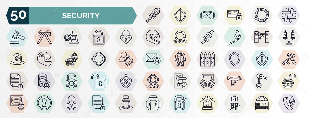 set of security web icons in outline style. thin line icons such as shock absorber, hash, padlocks, turnstiles, lifeguard float, black shield, open access, goalkeeper, keyhole, unlock padlock icon.