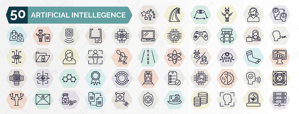 set of artificial intellegence web icons in outline style. thin line icons such as outer space, mind transfer, quantum computing, shop assistant, body scan, cloud intelligence, graphene, cpu, mail,