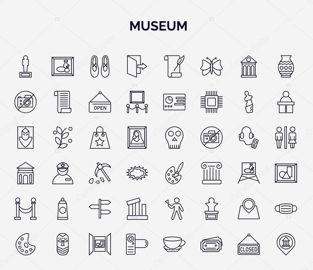 set of museum web icons in outline style. thin line icons such as statue, exit, no photo, souvenir, painting, acrylic, relics, tour, photographic icon.