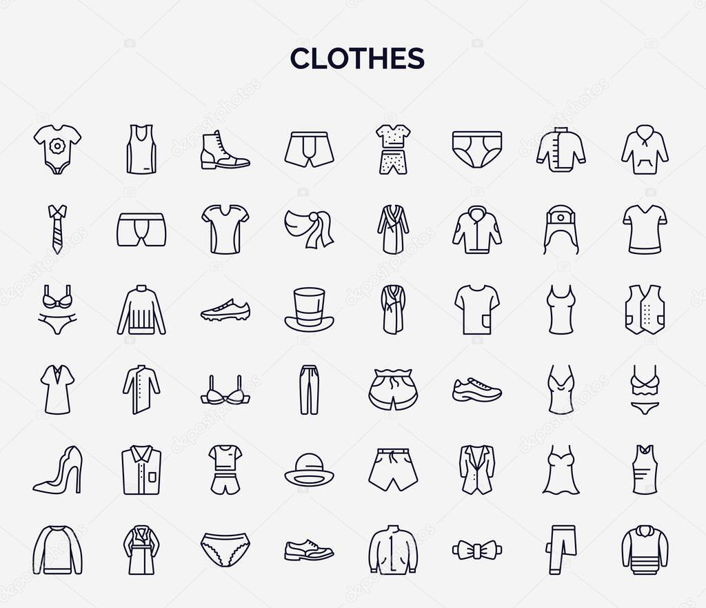 set of clothes web icons in outline style. thin line icons such as baby grow, boxers, necktie, soccer shoe, short, chemise, bowler, nightwear, shoes icon.