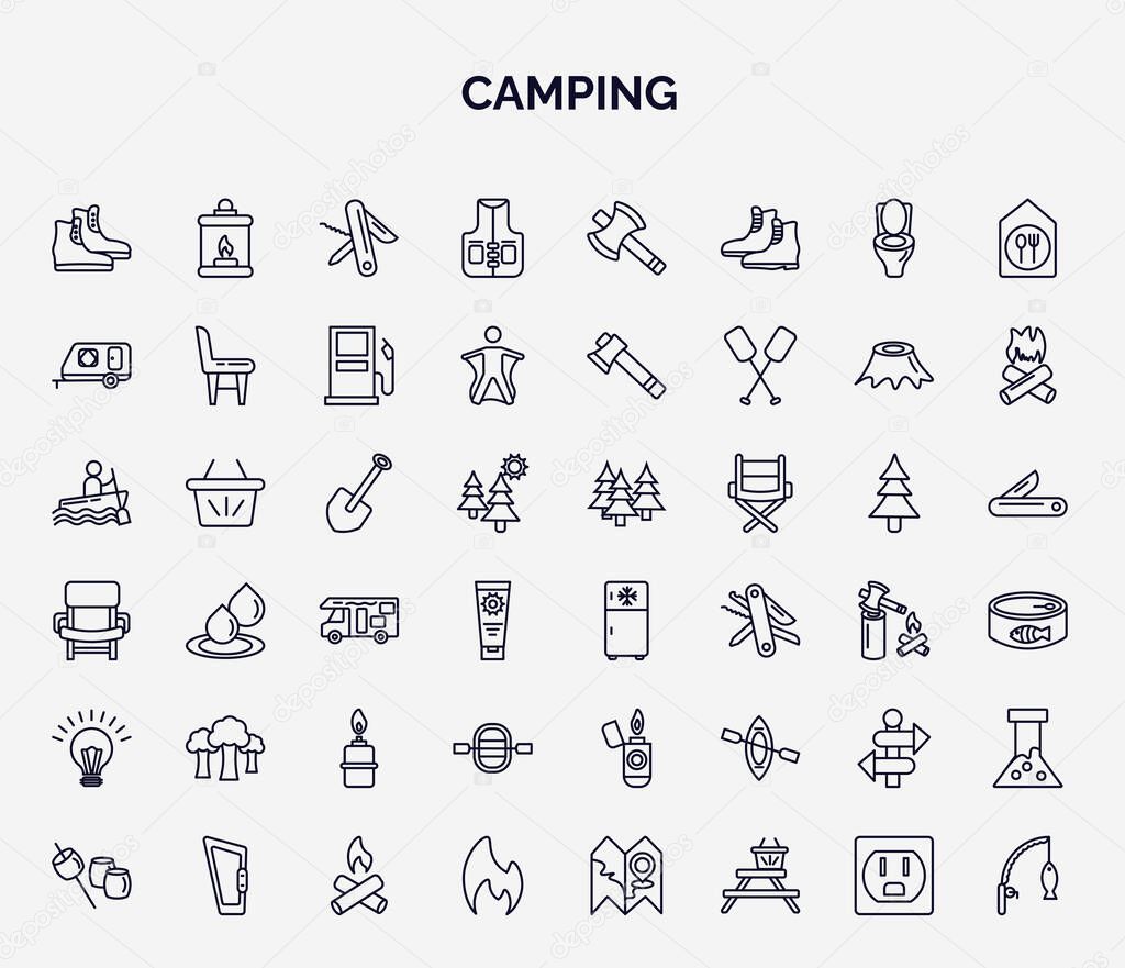 set of camping web icons in outline style. thin line icons such as boots shoes, fishing vest, camper, shovel, freezer, trees, raft, direction, gas icon.