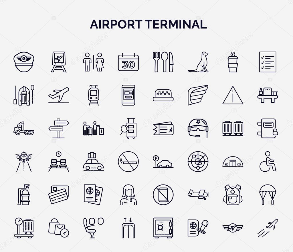 set of airport terminal web icons in outline style. thin line icons such as pilot hat, calendar day thirty, lifeboat, airport queue, parking square, two credit cards, stewardress head, book bag with