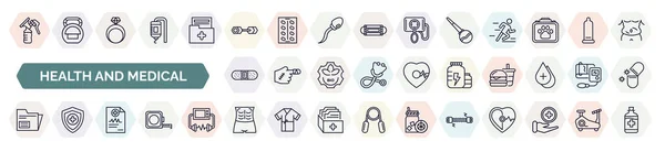 set of health and medical icons in outline style. thin line icons such as breast pump, dumbbell, enema, band aid, proteins, records, medical report, abs, chest expander icon.