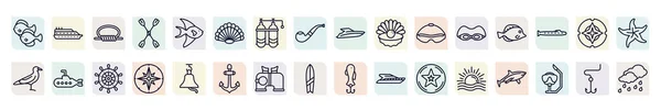 Set Nautical Icons Outline Style Thin Line Icons Fishes Rope — Stock Vector