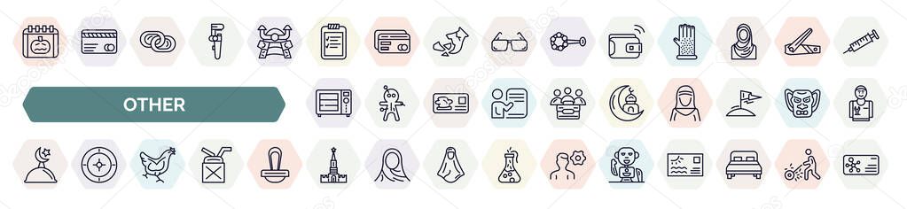 set of other icons in outline style. thin line icons such as pumpkin calendar, prority, smart wallet, microvawe, mosque and moon, mosque moon and star, chichen hen, kremln, robot of japan