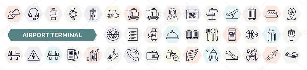 set of airport terminal icons in outline style. thin line icons such as cloudy day, airplane security belt, direction post, airport radar, clutery for lunch, airport x ray hine, luggage security, or