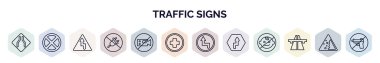 Trafik işaretleri web simgeleri ana hatları biçiminde. Dar köprü, durmak yok, sağ viraj yok, fiş yok, video yok, hastane yok, kavisler, sağ ters viraj, otoyol simgesi.