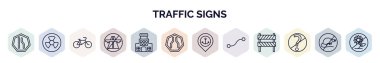 Trafik işaretleri web simgeleri ana hatları biçiminde. Dar şerit, nükleer, bisiklet, bitiş yolu, polis karakolu, dar yol, port, kıvrımlar gibi ince çizgi simgeleri, şüphesiz.