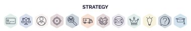 Strateji web simgelerinin ana hatları. Kart, denge, müşteri, odaklanma, insan kaynakları, lojistik, el sıkışma, e-posta, fikir simgesi gibi ince satır simgeleri.