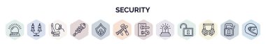 Güvenlik web simgelerinin ana hatları. Gösterici, mum ışığı, hava yastığı, şok emici, koruyucu, polis aletleri, kapı kilidi, acil durum ışığı, kaleci simgesi gibi ince çizgi simgeleri.