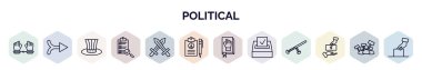 set of political web icons in outline style. thin line icons such as slavery, merging, uncle sam hat, checking, war, peace treaty, oath, election, bribe icon. clipart