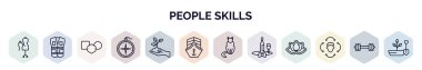İnsan becerileri web simgelerinin ana hatları. İnce çizgi simgeleri, örneğin terziler, güvenlik önlüğü, şekiller, büyük pusula, çevre, kargo gemisi ön görünümü, hastahane, şarap garsonu, duyarlılık,