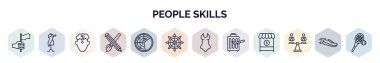 İnsan becerileri web simgelerinin ana hatları. Liderlik, stilist, şüphe, iç mekan, radar detektörü, dümen, bayan mayo, gezgin, eşitlik simgesi gibi ince çizgi simgeleri.