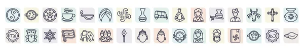 Набор Индийских Иконок Стиле Контура Тонкая Линия Иконы Такие Сарнаизм — стоковый вектор