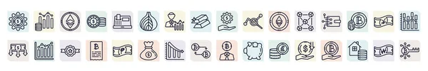 Set Cryptocurrency Icons Outline Style Thin Line Icons Economy Gear — Stock Vector