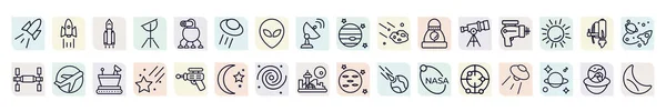 Set Astronomy Icons Outline Style Thin Line Icons Space Rocket — Stock Vector