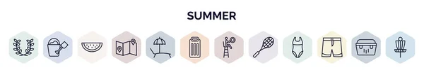 一套夏季网络图标的轮廓风格 如花圈 旅游指南 沙滩椅 救生圈 泳裤等细线图标 — 图库矢量图片