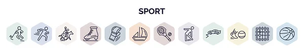 set of sport web icons in outline style. thin line icons such as rinkball, discus throw, horseball, figure skating, mixed martial arts, sailboat sport, lacrosse, aerobics, kickball icon.