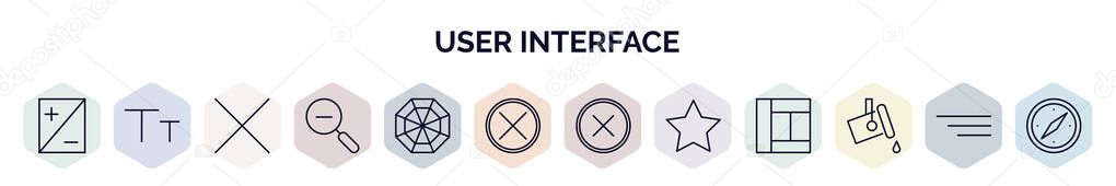 set of user interface web icons in outline style. thin line icons such as brightness, lowercase, close, zoom out, spider web, cancel, wrong, favourite, paint icon.