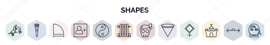 Set of shapes web icons in outline style. thin line icons such as horseman, scepter, radius of circle, followers, yin and yang, radiators, sailor skull, inverted cone, christian church icon. — Stock Illustration Set Shapes Web Icons Outline Style Thin Line Icons Horseman Stock Vector