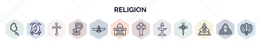 set of religion web icons in outline style. thin line icons such as bead, odin, catholicism, chi rho, faravahar, vatican, greek cross, unitarian universalism, caodaism icon.