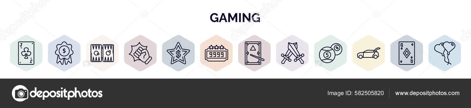 一组轮廓风格的游戏网络图标细线图标如梅花j 双陆棋角色扮演游戏树干打开图标 图库矢量图像 C Iconart