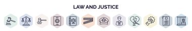 Kanun ve adalet web simgeleri ana hatlarıyla. Veredict, hukuk dengesi, dava kapandı, göç, hukuk kitabı, polis hattı, polis şapkası, avukat, şiddet simgesi gibi ince çizgi simgeleri.
