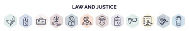 Kanun ve adalet web simgeleri ana hatlarıyla. Cinayet, pazarlık, istihdam, adalet terazileri, danışmanlık, ceza hukuku, politika, anayasa hukuku simgesi gibi ince çizgi simgeleri.