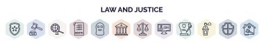 Kanun ve adalet web simgeleri ana hatlarıyla. Polis rozeti, vergi hukuku, diploma, ölüm sertifikası, kar maskesi, mahkeme, idari hukuk, suç veritabanı, tanık gibi ince çizgi simgeleri